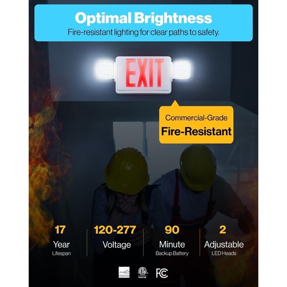 Sunco Red Exit Sign w Two Adjustable Square LED Emergency Lights 94V-0 Fire Resi - Picture 2 of 10